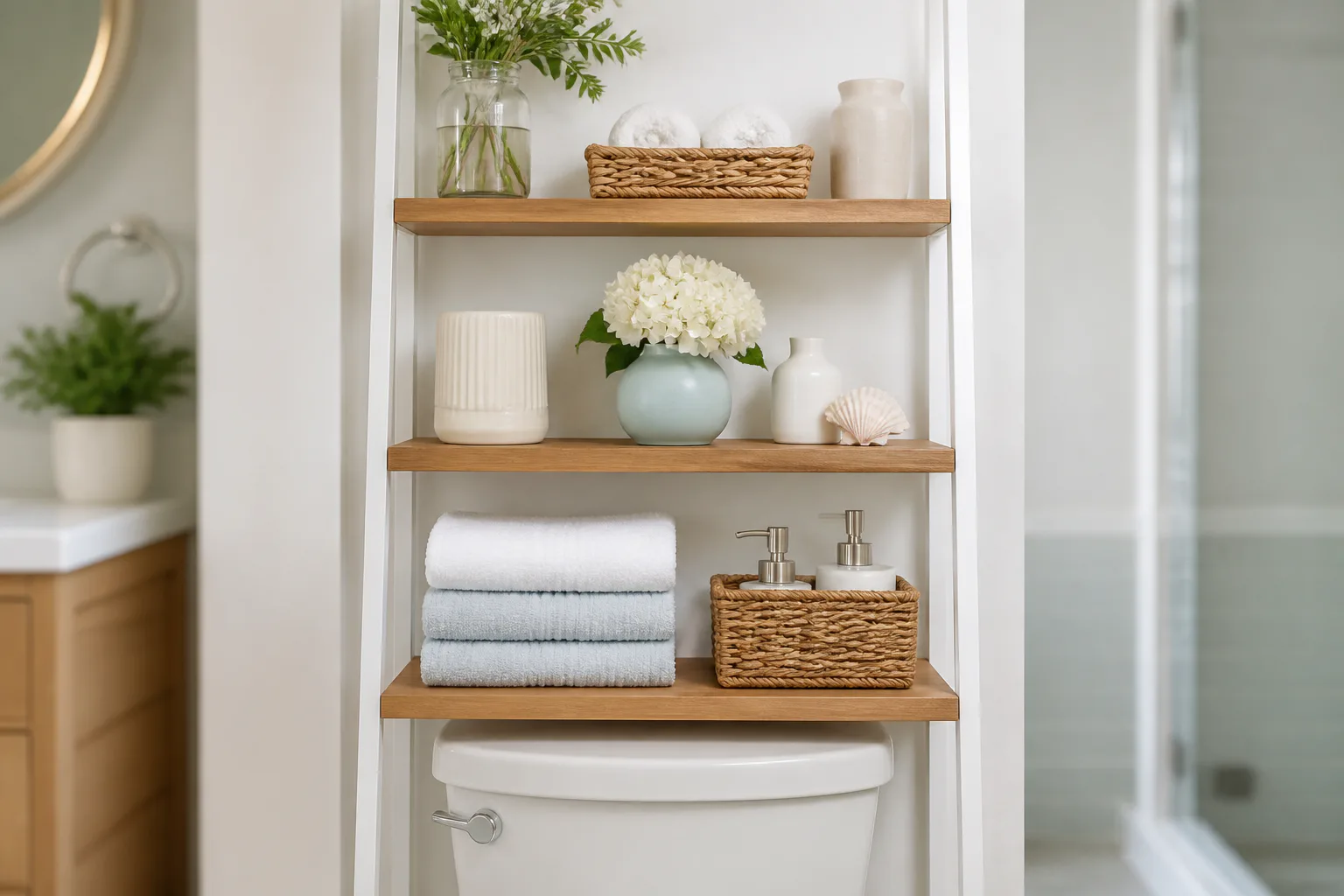 Styled bathroom shelf over toilet
