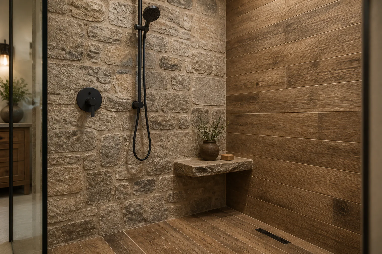 Rustic stone and wood walk-in shower