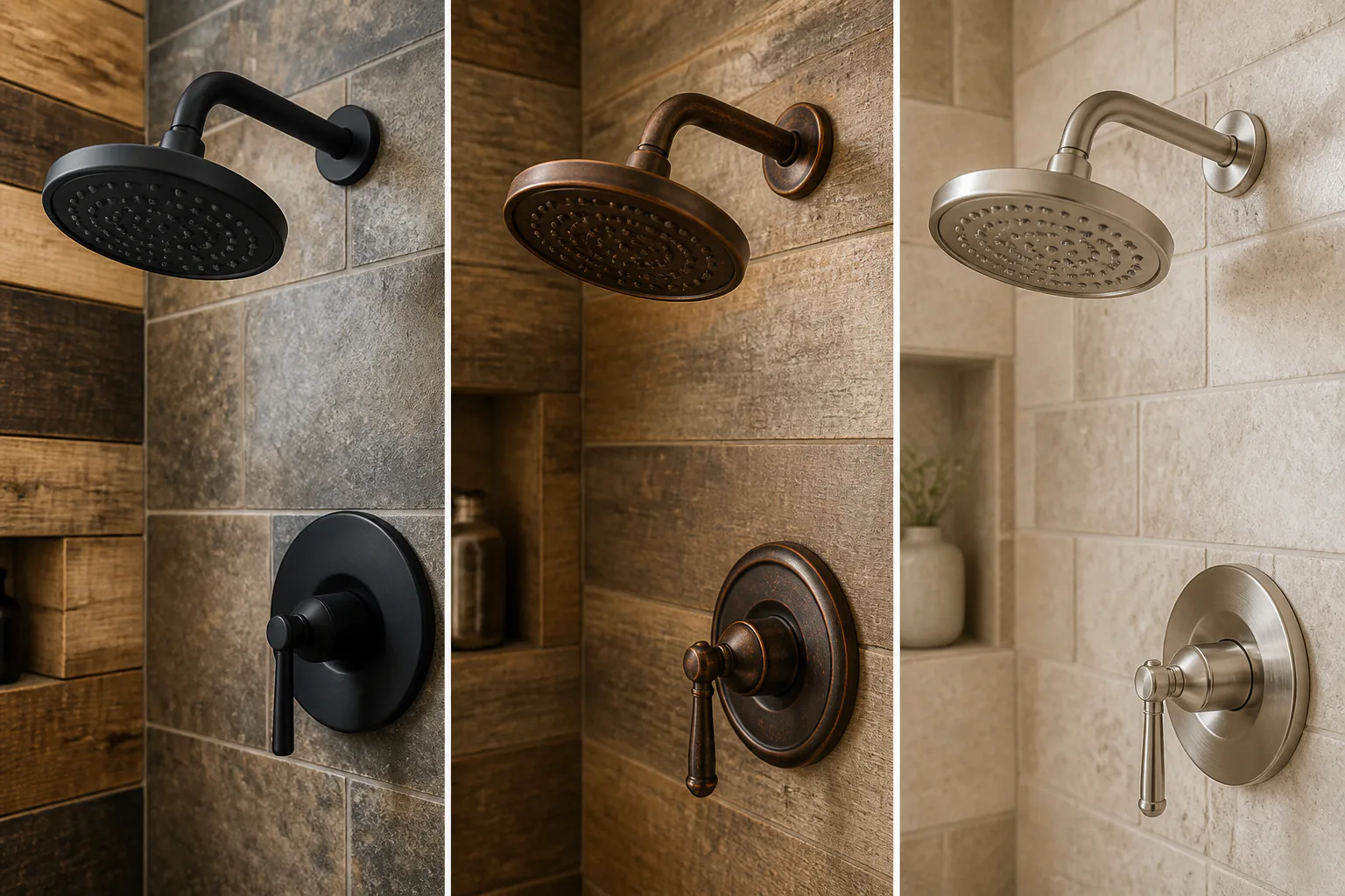 Three showerheads in different finishes