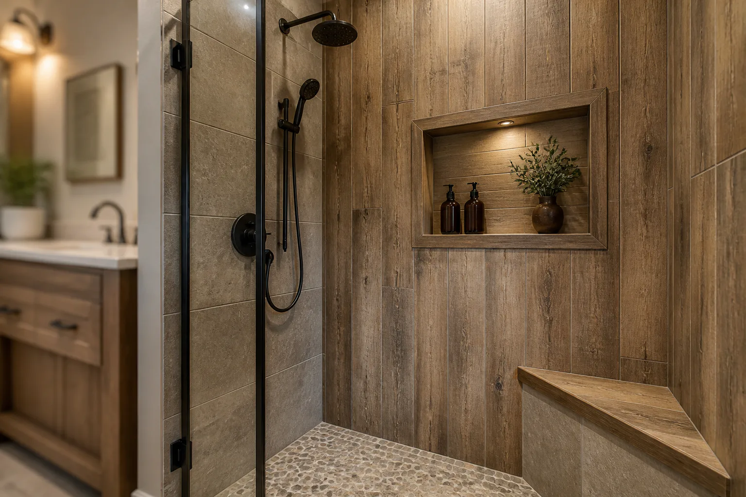 Rustic walk-in shower with wood-look tile