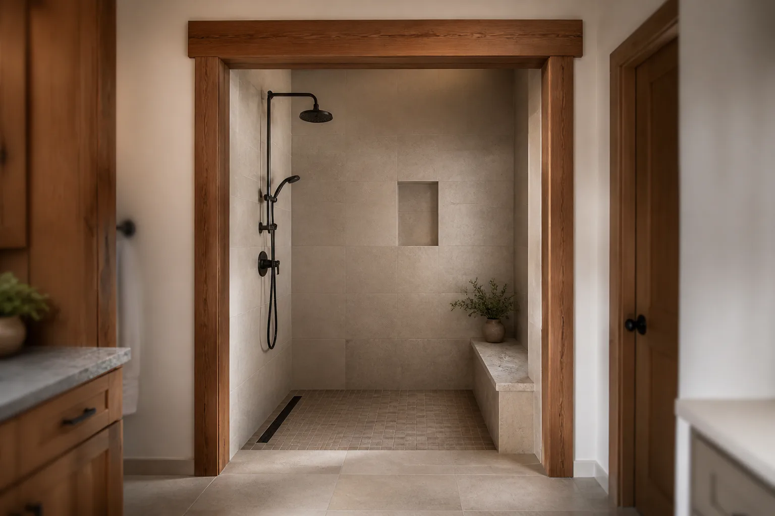 Walk-in tiled shower with bench