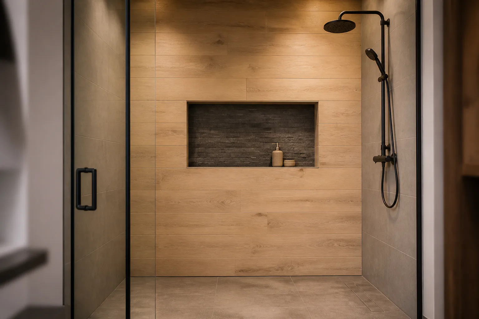 Modern walk-in shower with wood tile