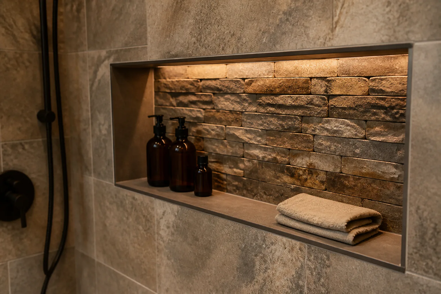 Shower niche with bottles and towel