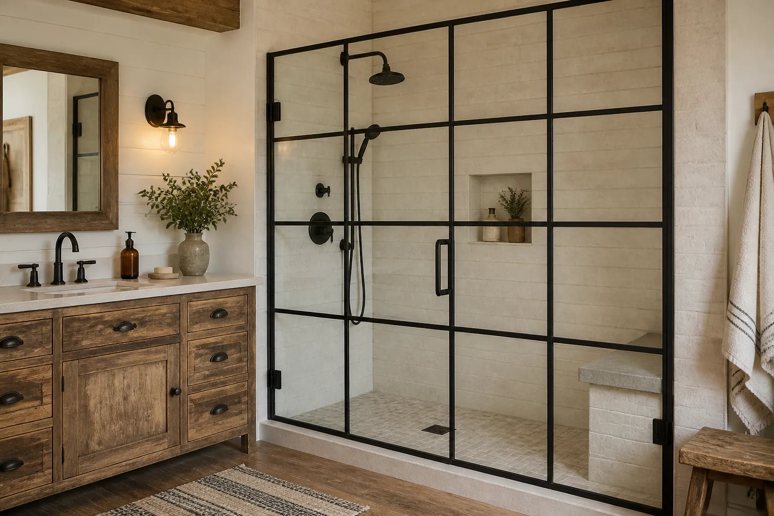 Rustic bathroom with glass shower