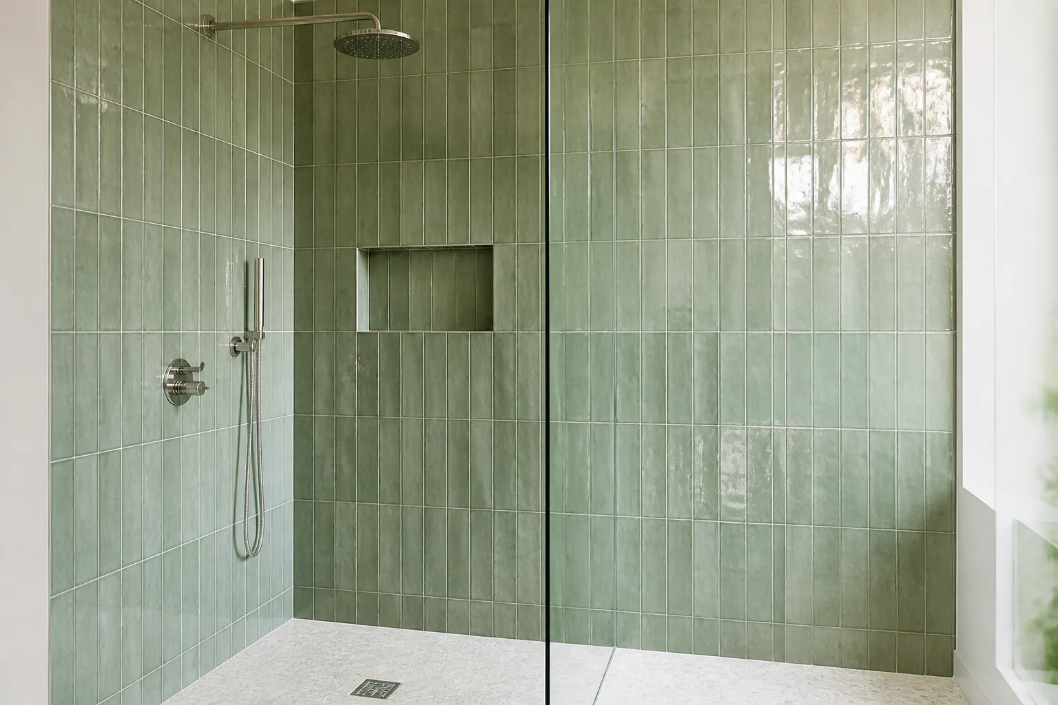 Green tiled walk-in shower