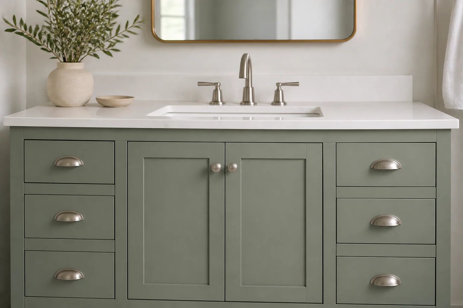 Modern bathroom vanity with green cabinets