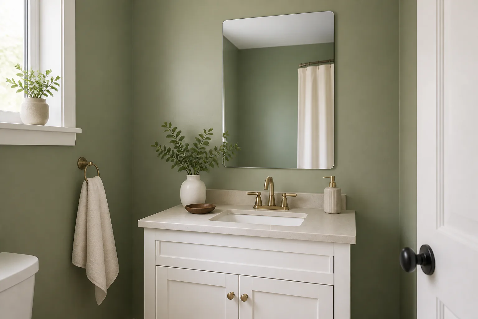Modern green bathroom with white vanity