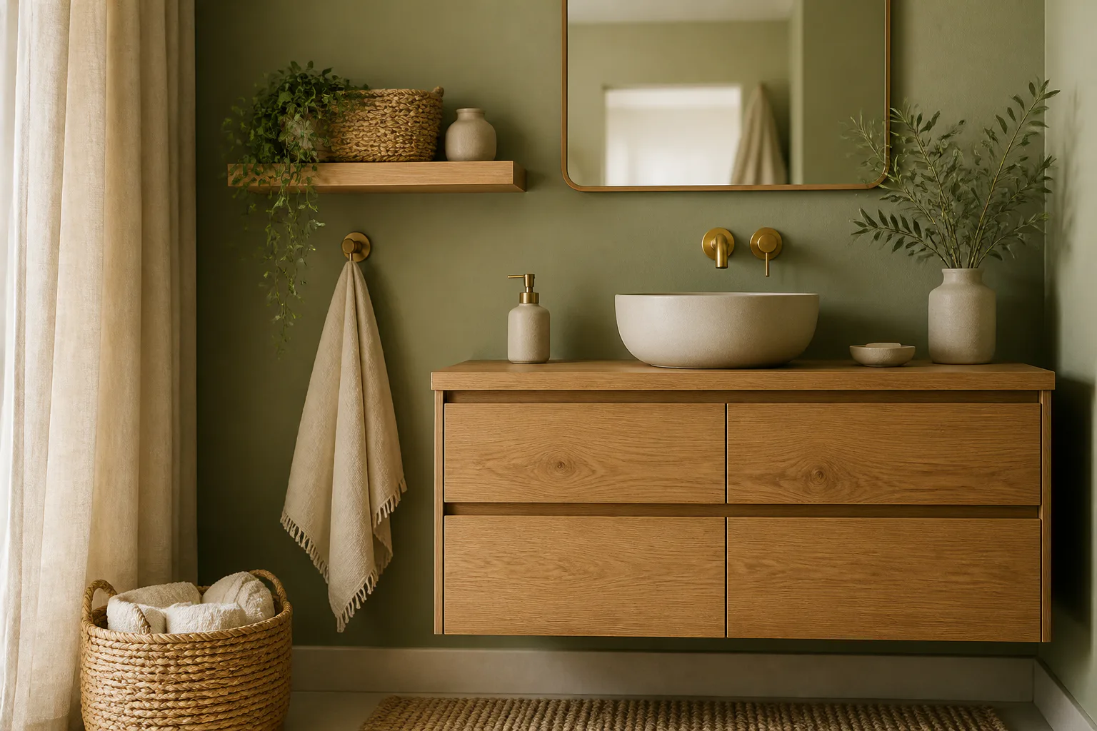 Modern green bathroom with wood vanity