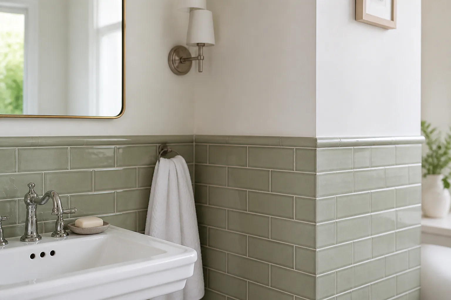 Bathroom sink with green tile wall