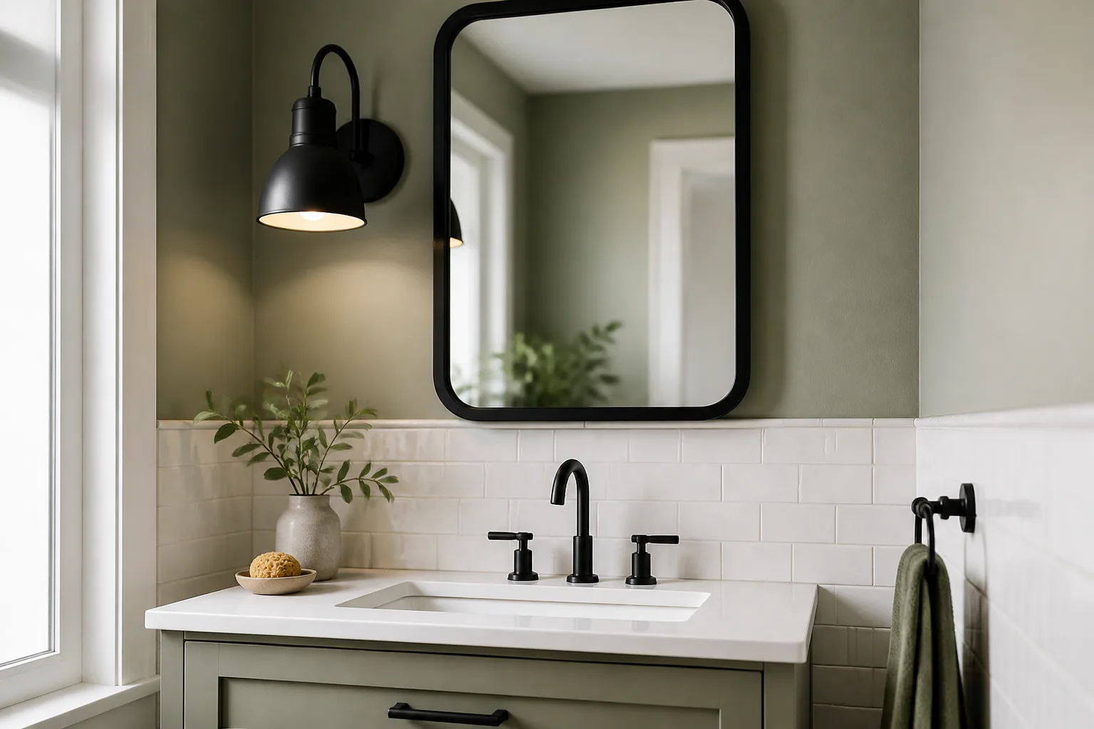 Modern bathroom vanity with black mirror