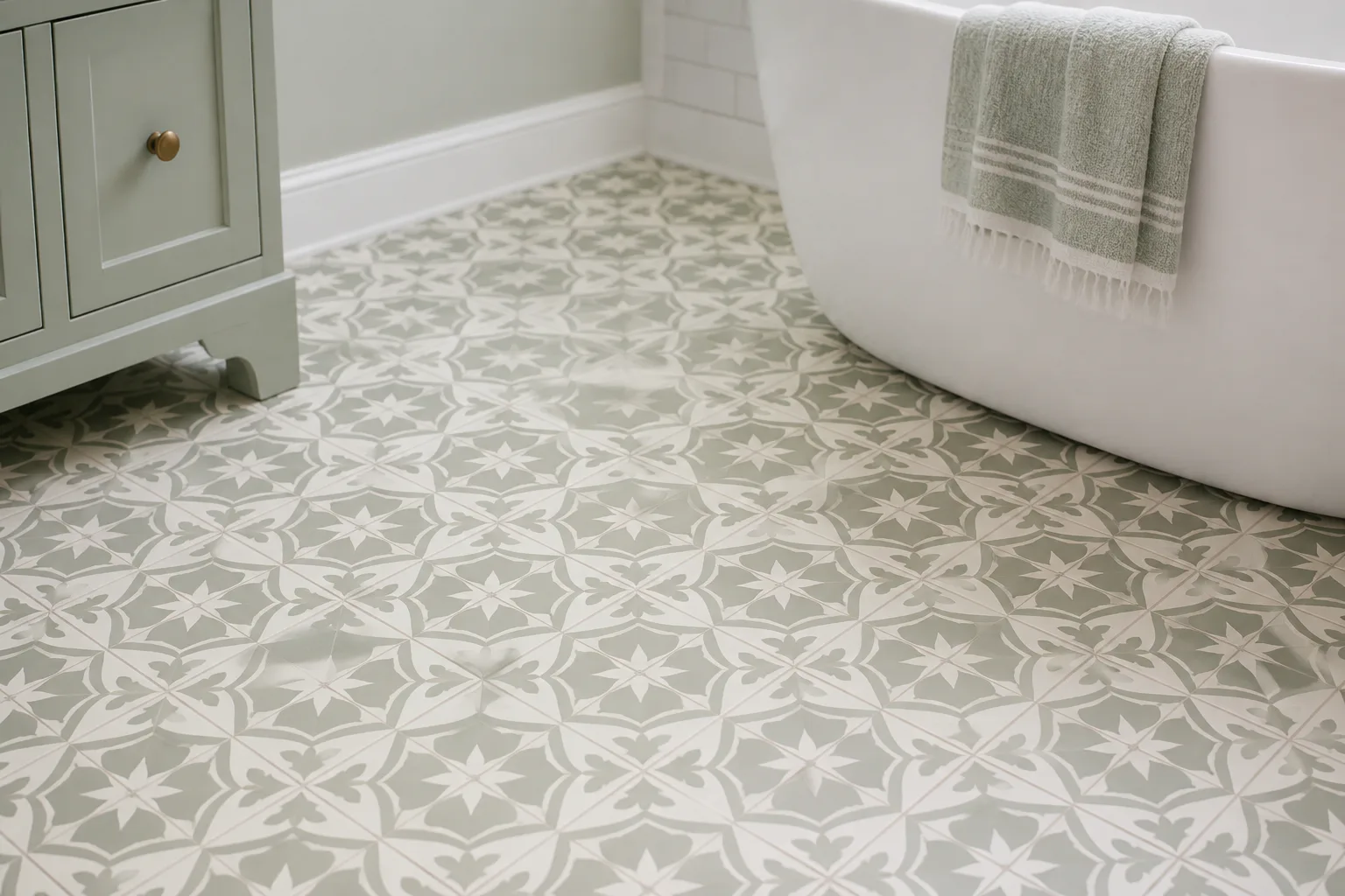 Patterned bathroom floor by tub