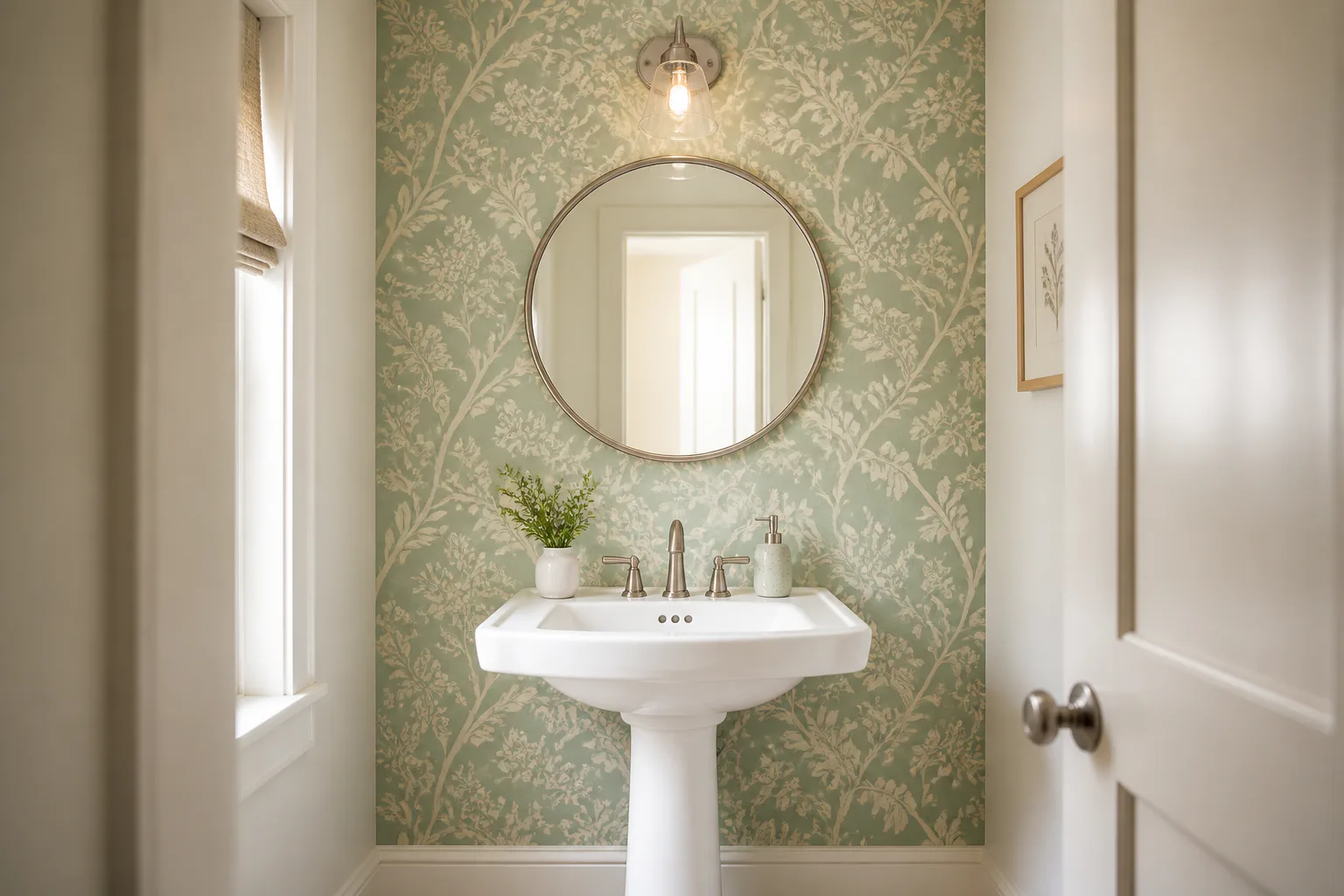 Powder room with floral wallpaper