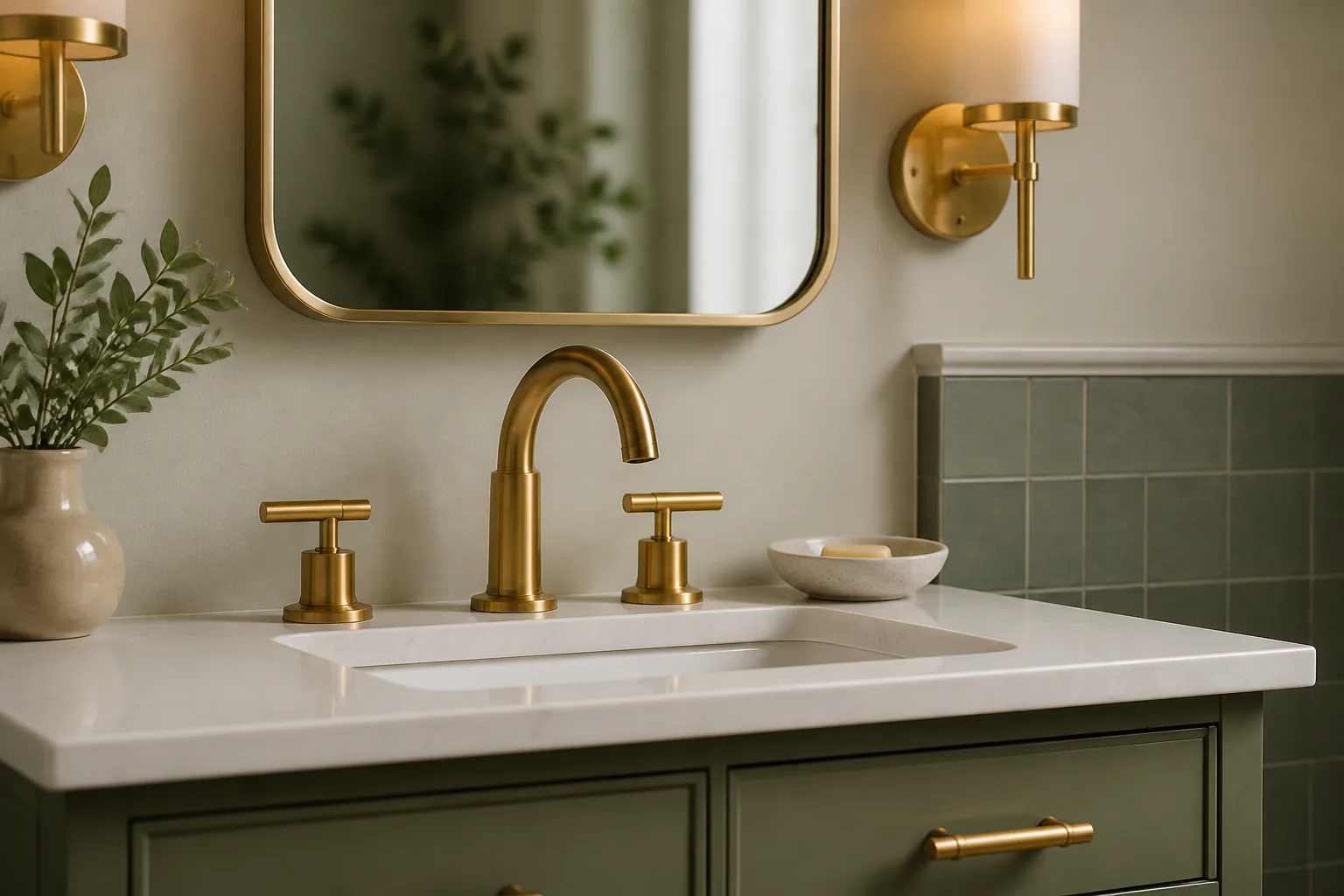 Modern bathroom sink with brass fixtures