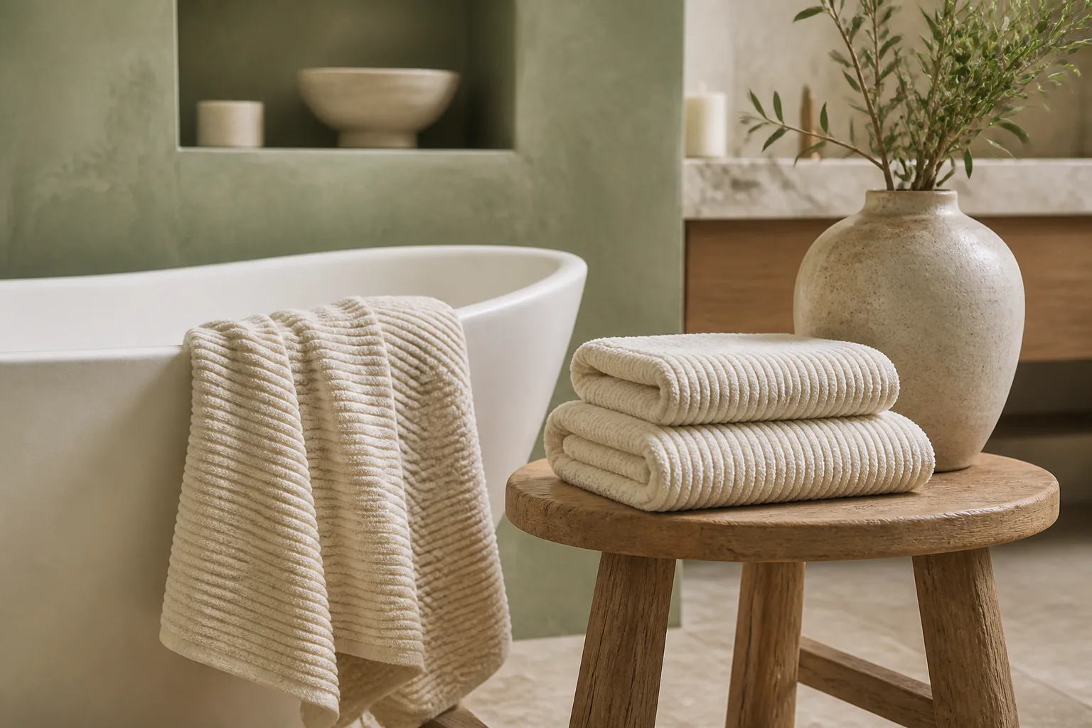 Neutral bathroom with towels and vase