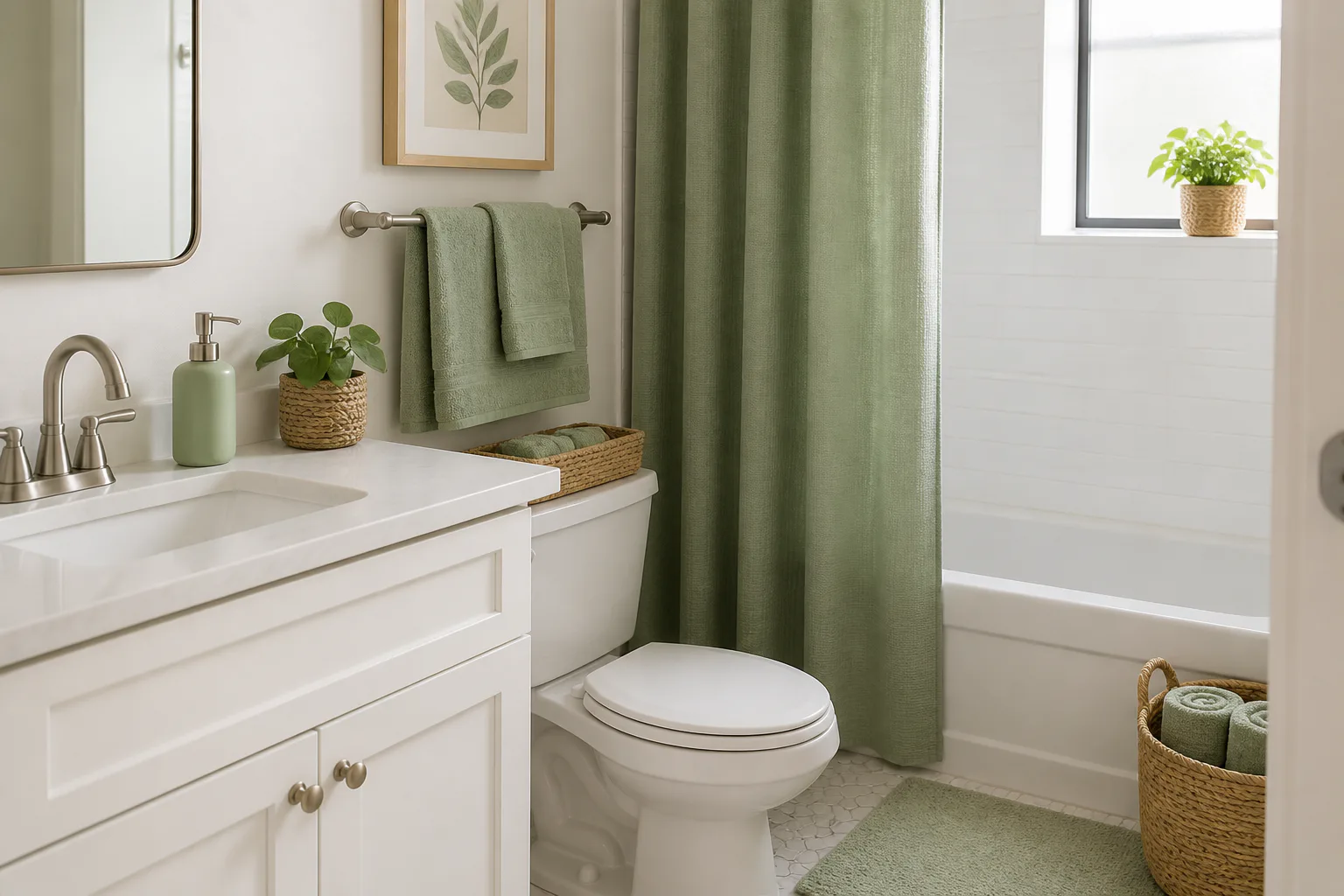 Modern bathroom with green accents