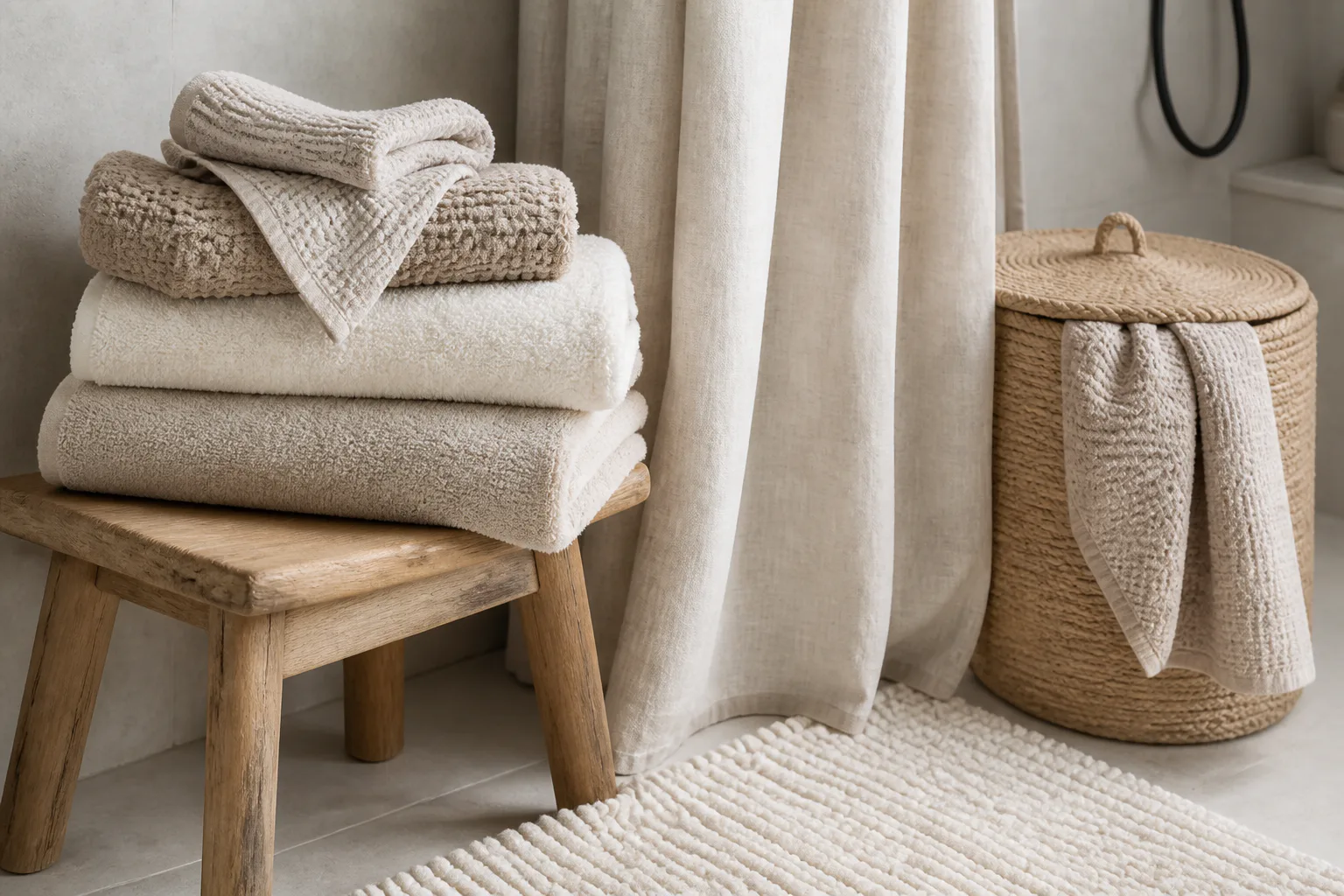 Folded towels in a neutral bathroom