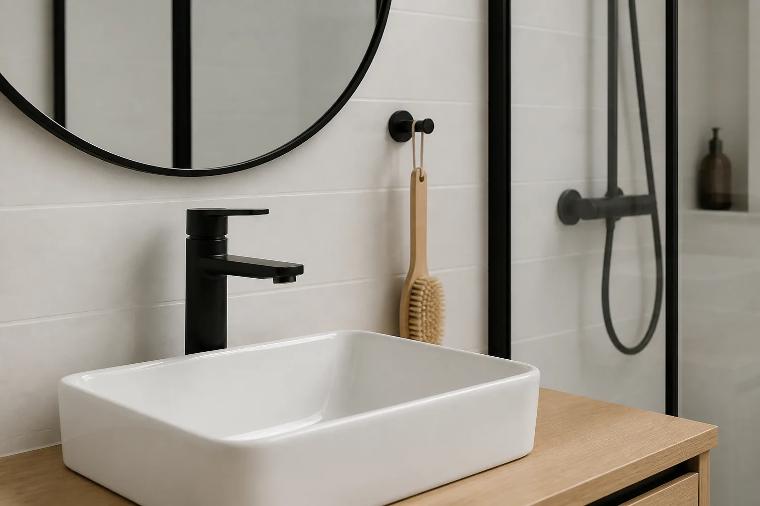 Modern bathroom sink and black faucet