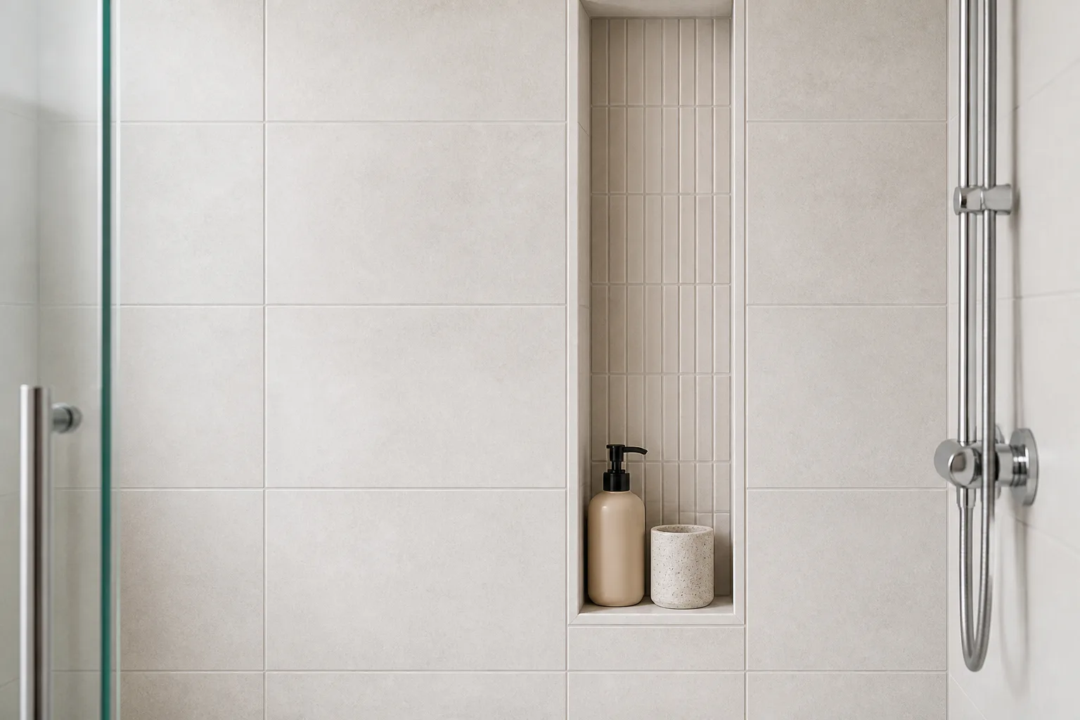 Modern tiled shower with niche shelf