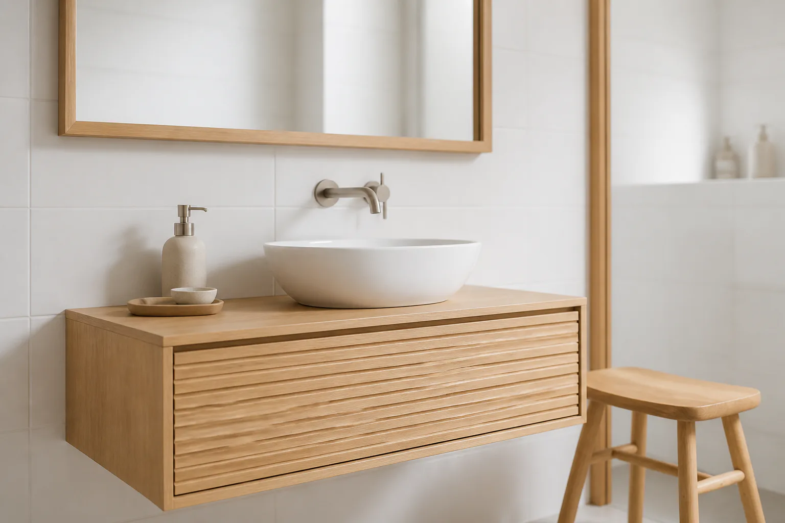 Minimalist wooden bathroom vanity and sink