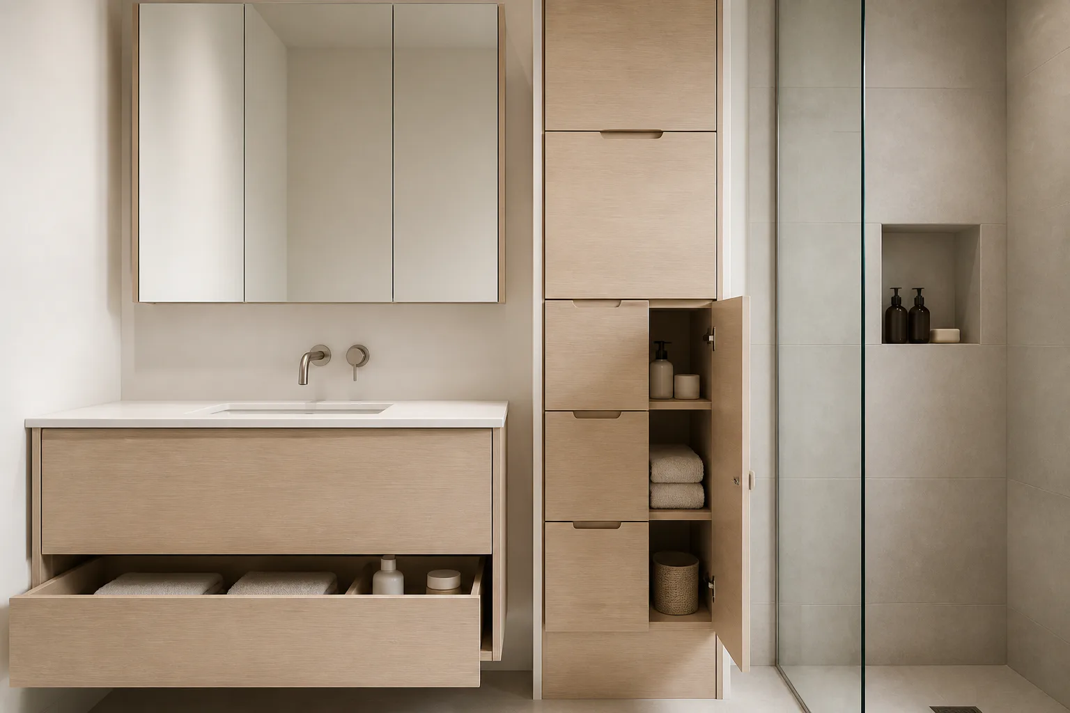 Modern bathroom with storage cabinets