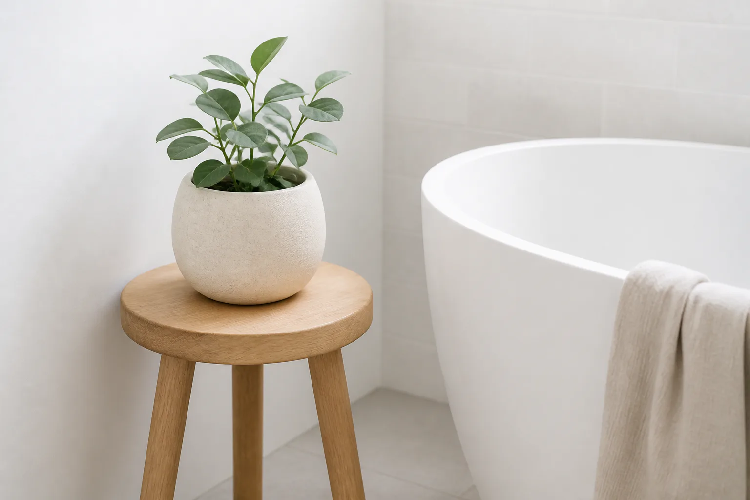 Potted plant on stool beside bathtub