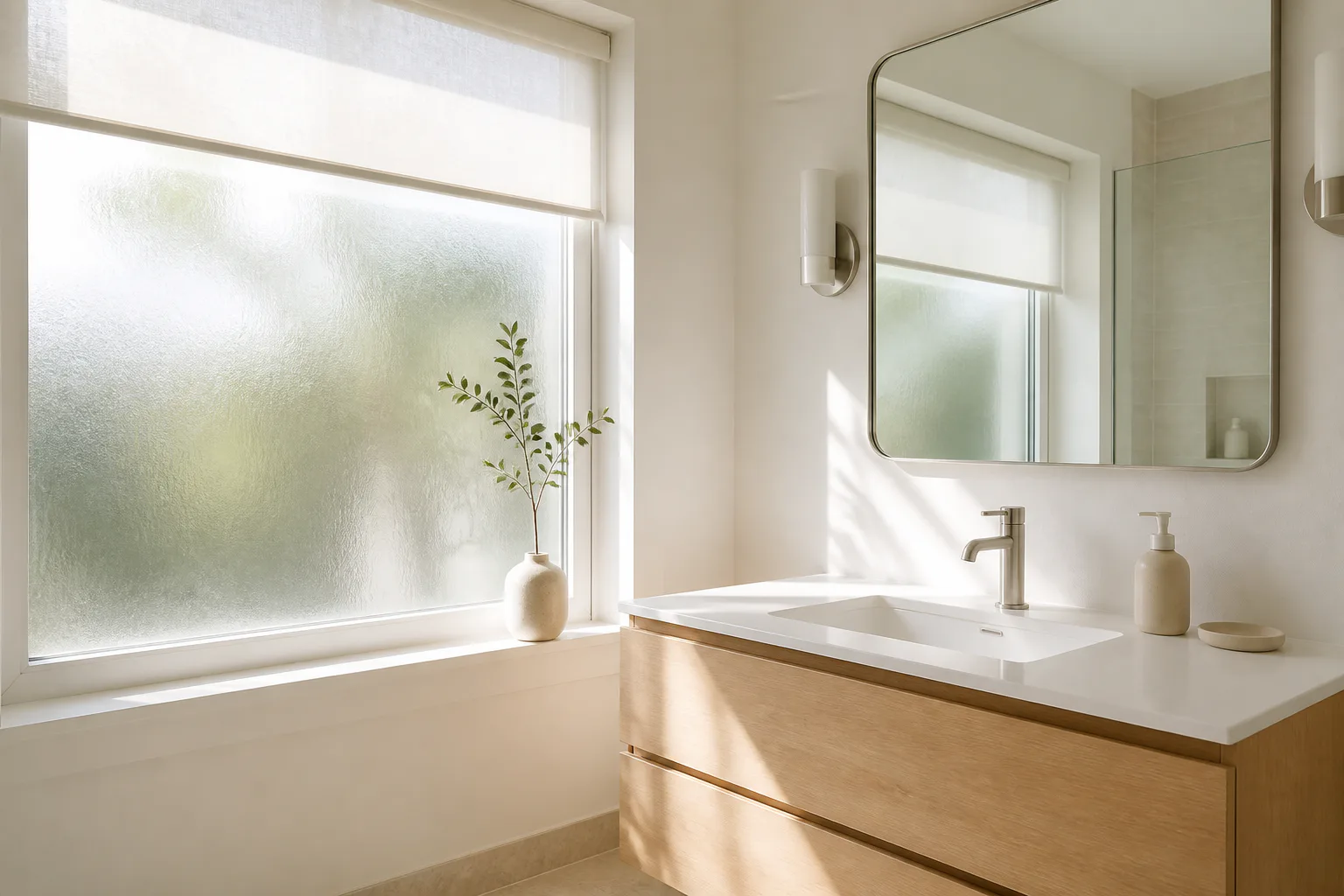 Bright modern bathroom with frosted window