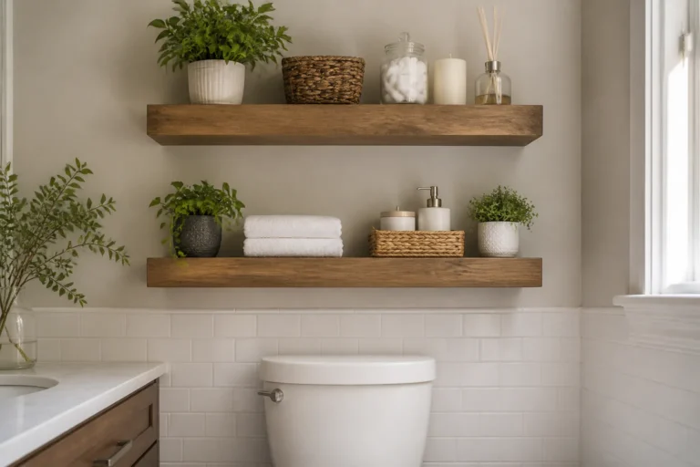 Bathroom shelves with plants and towels
