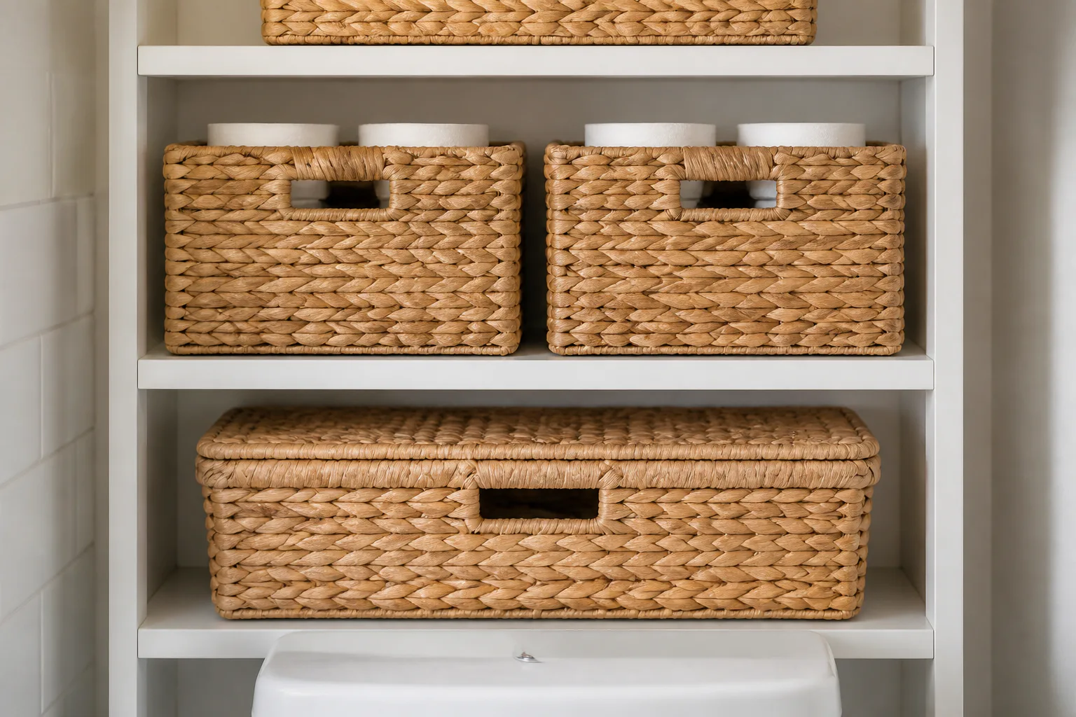 Woven baskets on bathroom shelves