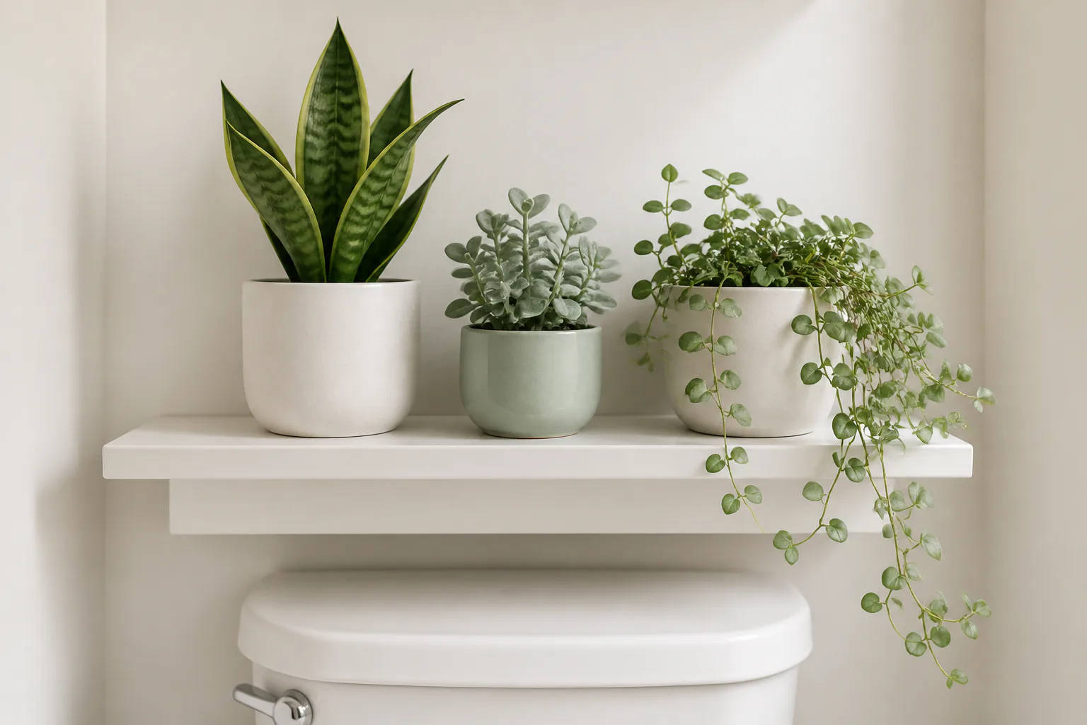 Three potted plants on bathroom shelf
