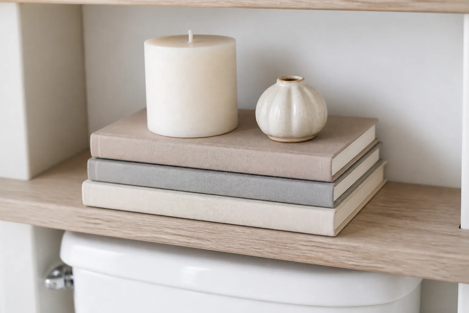 Books, candle, and vase on shelf