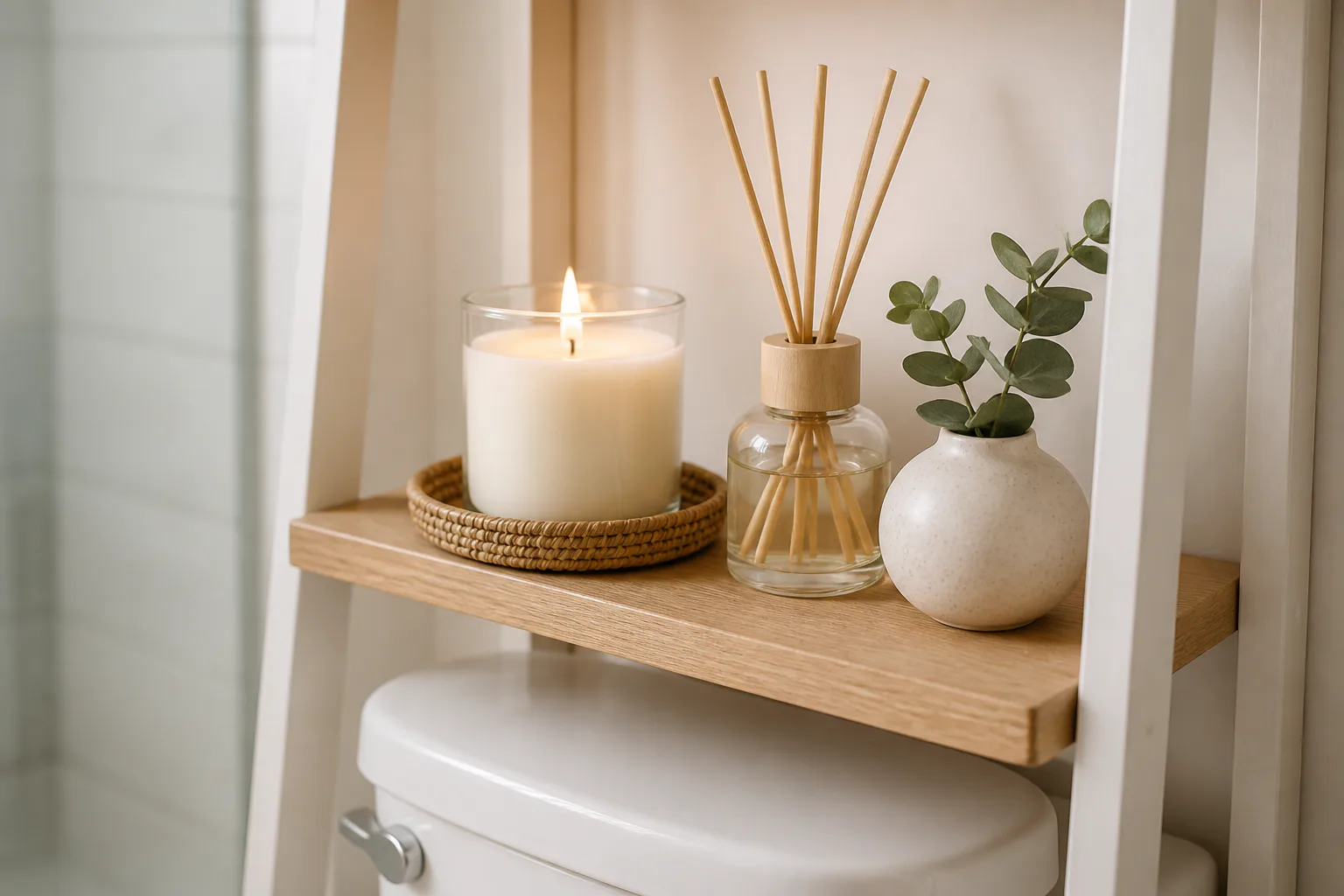 Candle, diffuser, and vase on shelf
