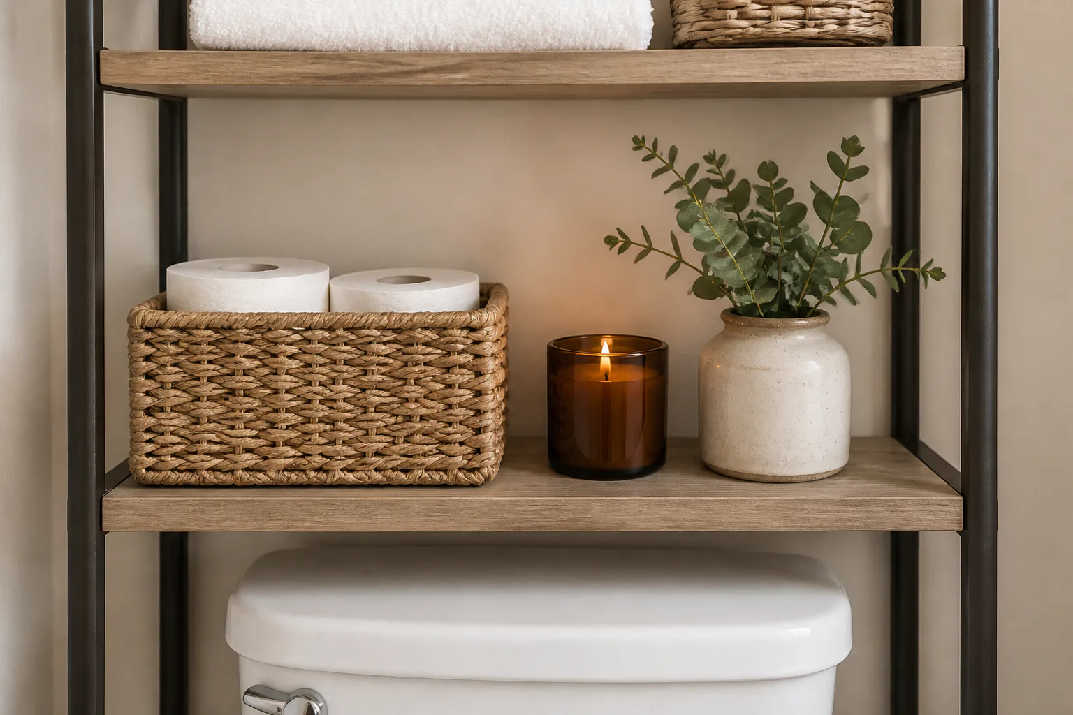 Bathroom shelf with candle and plant