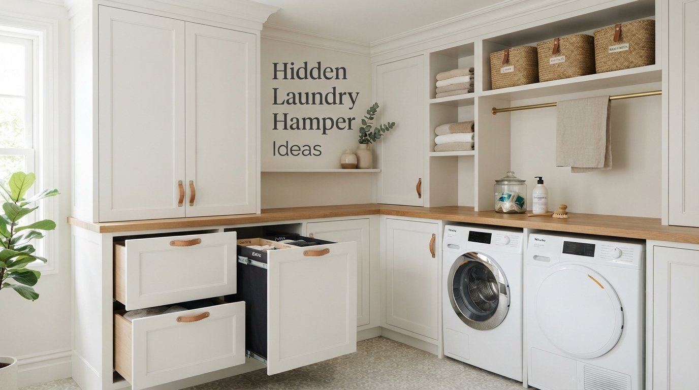 Hidden laundry hamper ideas using built-in cabinet drawers beside a washer and dryer
