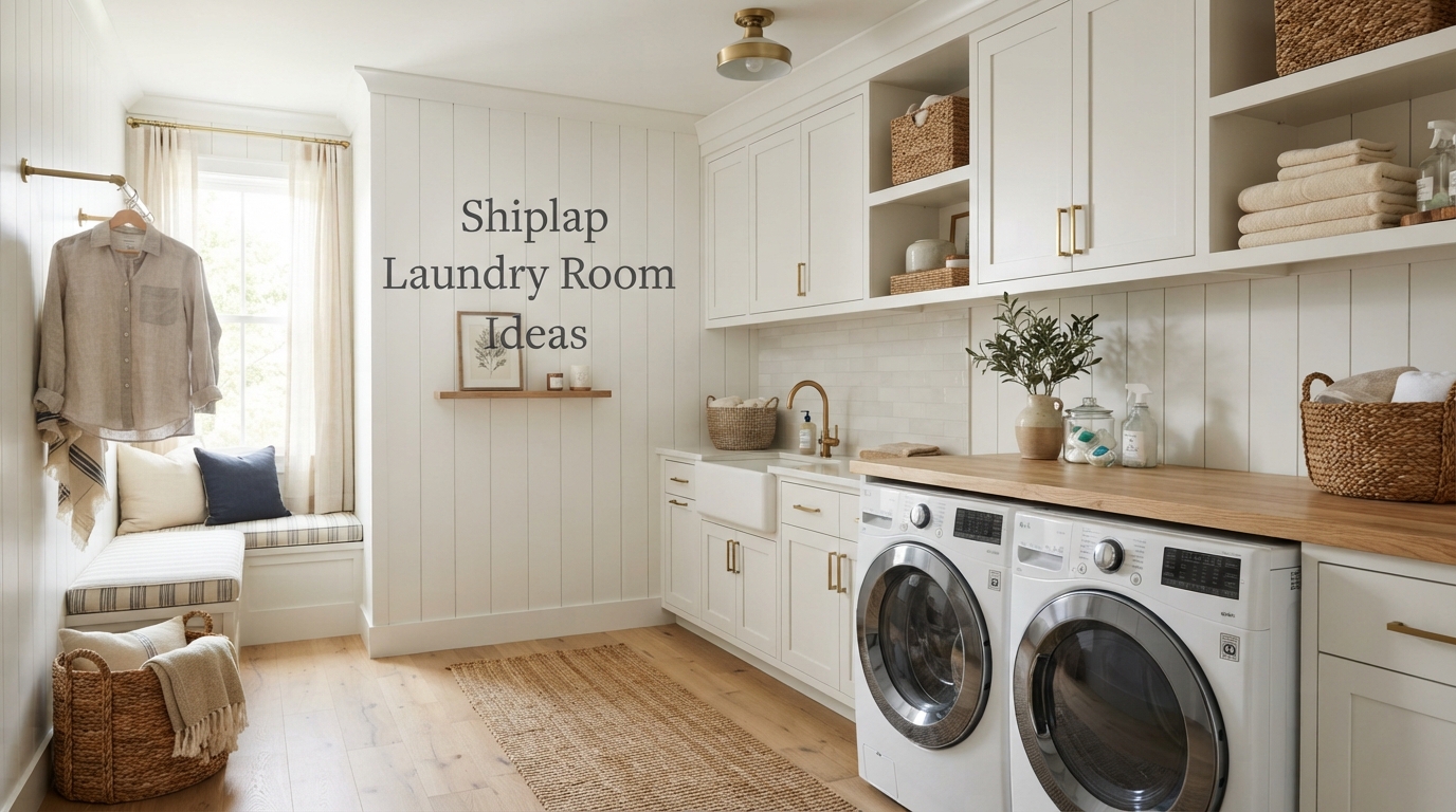 Shiplap laundry room ideas with white vertical wall paneling, farmhouse cabinets, and wood accents