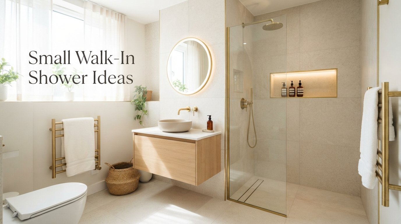 Small walk-in shower ideas with a glass enclosure, round mirror, and light neutral tile