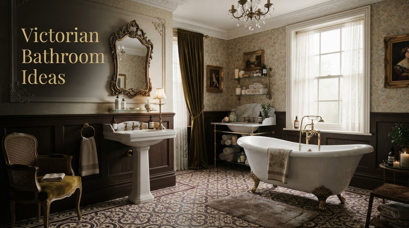 Victorian bathroom ideas with a clawfoot tub, ornate mirror, dark wood paneling, and vintage wallpaper