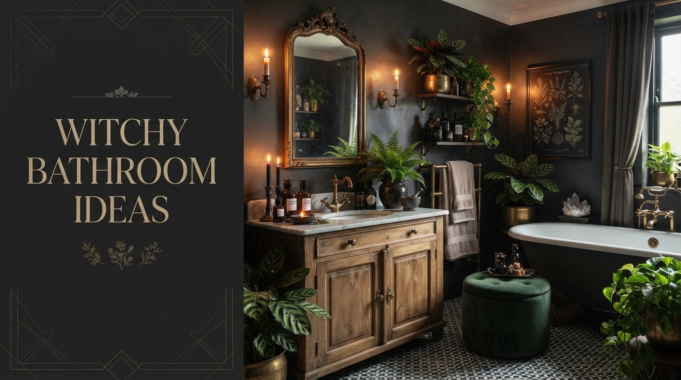 Witchy bathroom ideas with dark walls, vintage fixtures, candles, plants, and an antique vanity